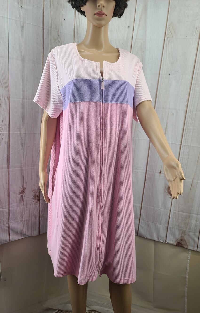 Stan Herman Women 1X Pastel Color-block Zip Front Housecoat Terry-Cloth Vintage